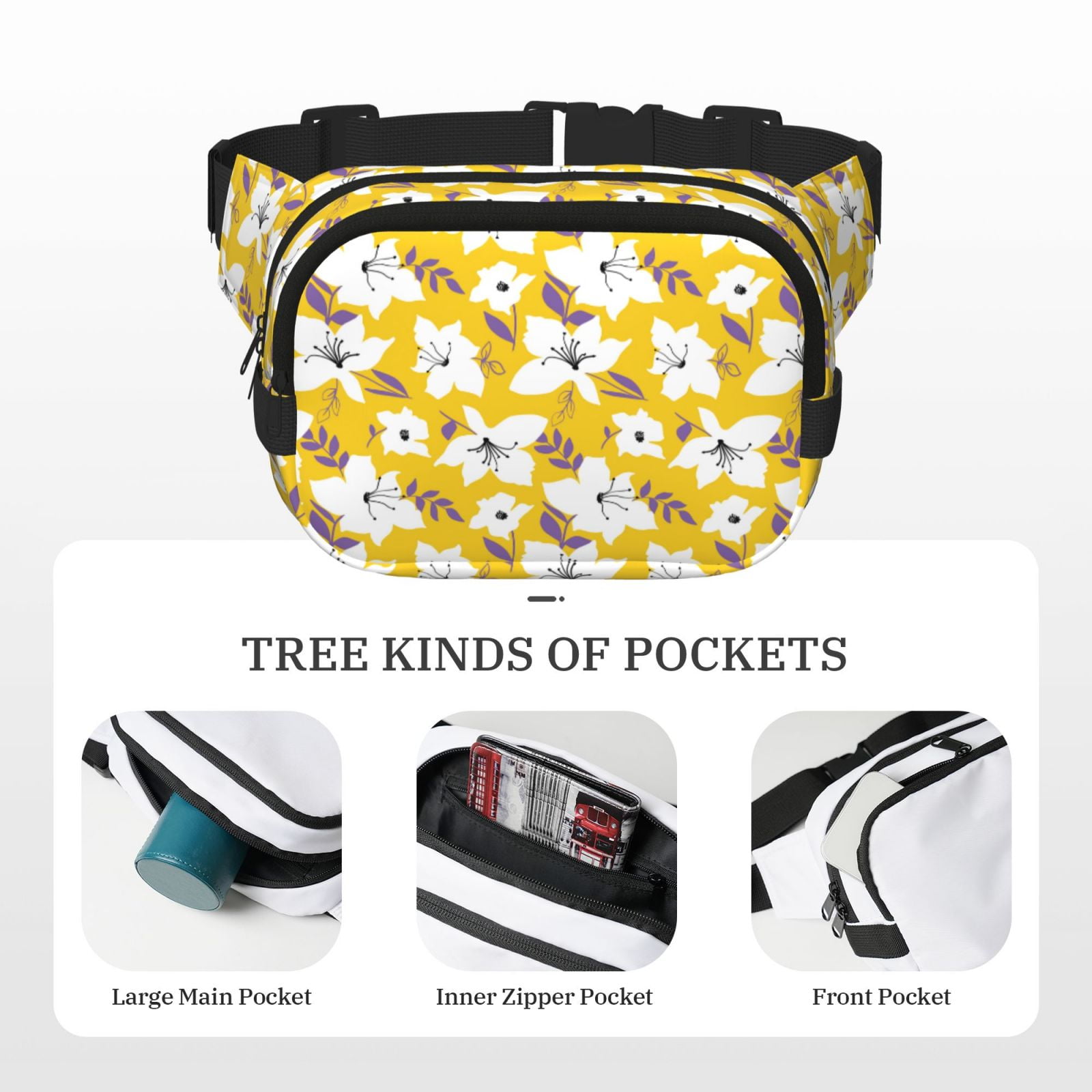 Picia Lilies Flowers Print Square Double-Layer Waist Bag Mini Adjustable Waist Belt Bag Exercise Running Travel Hiking
