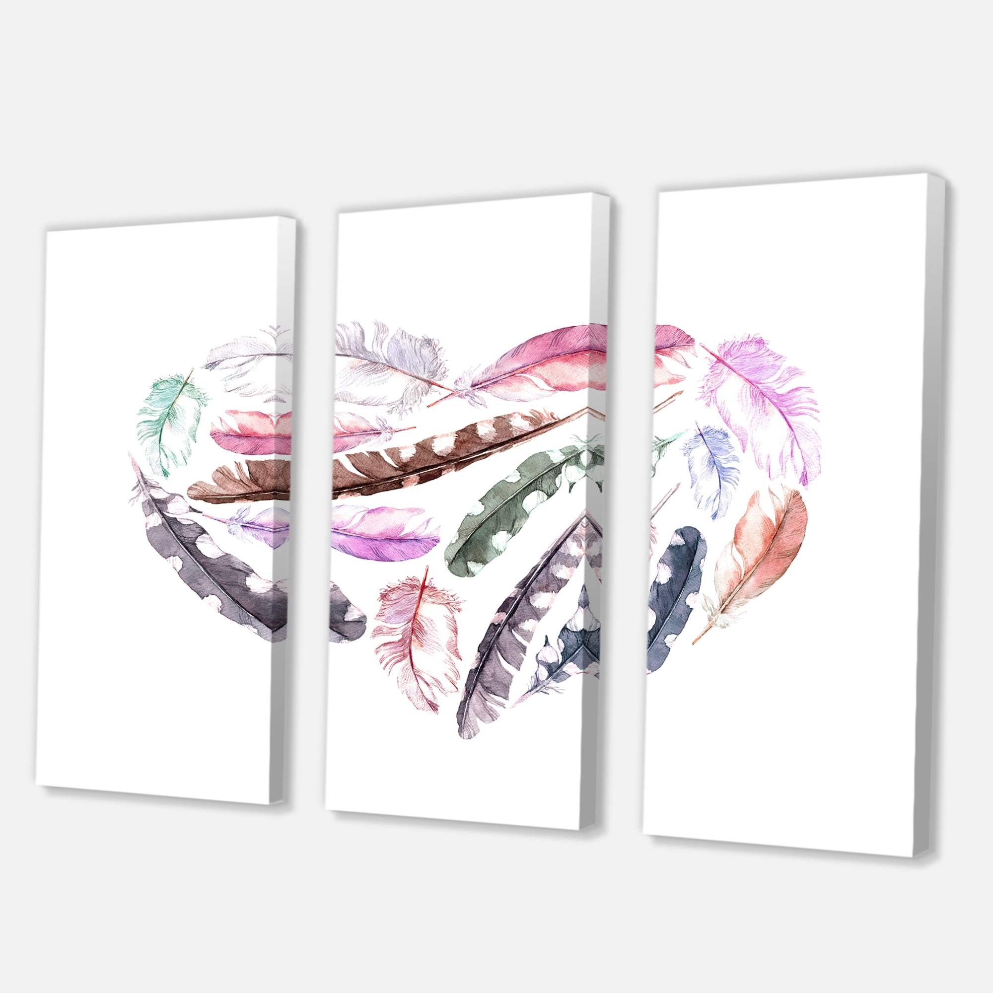 Designart ' Retro Pink Bird Feathers With Heart ' Bohemian & Eclectic Canvas Wall Art Print