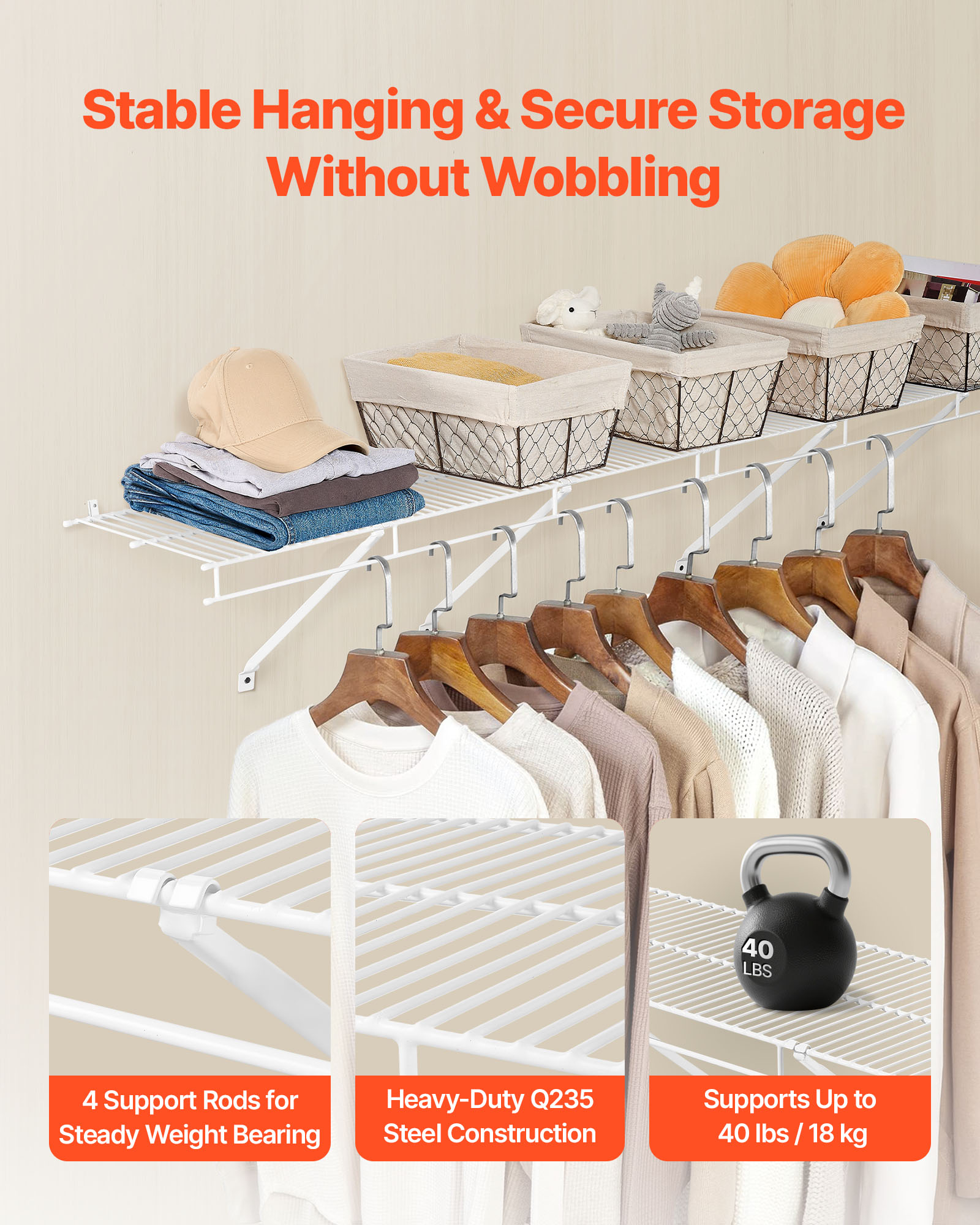 VEVOR Wire Shelf Kit, 3 ft, Set of 2, Wall Mounted Wire Shelves, Heavy-Duty Carbon Steel Hanging Shelf, Floating Wall Storage Shelves with Dip Coating, for Closet, Bedroom, Living Room, Office,Pantry