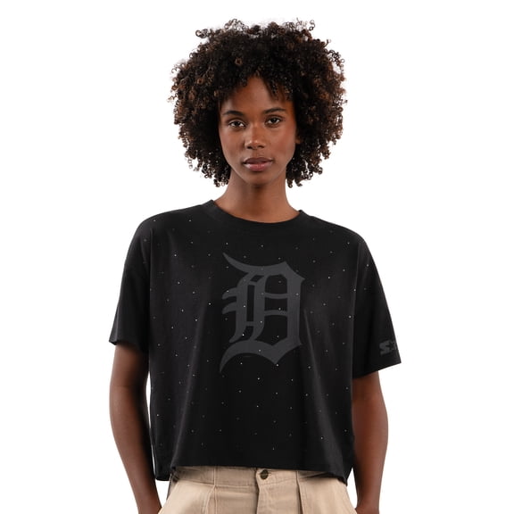 Women's Starter Black Detroit Tigers Rhinestone Sprinkle Boxy Cropped T-Shirt