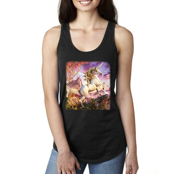 Unicorn Fanstasy Rainbow Castle Ladies Racerback Tank Top, Black, Small