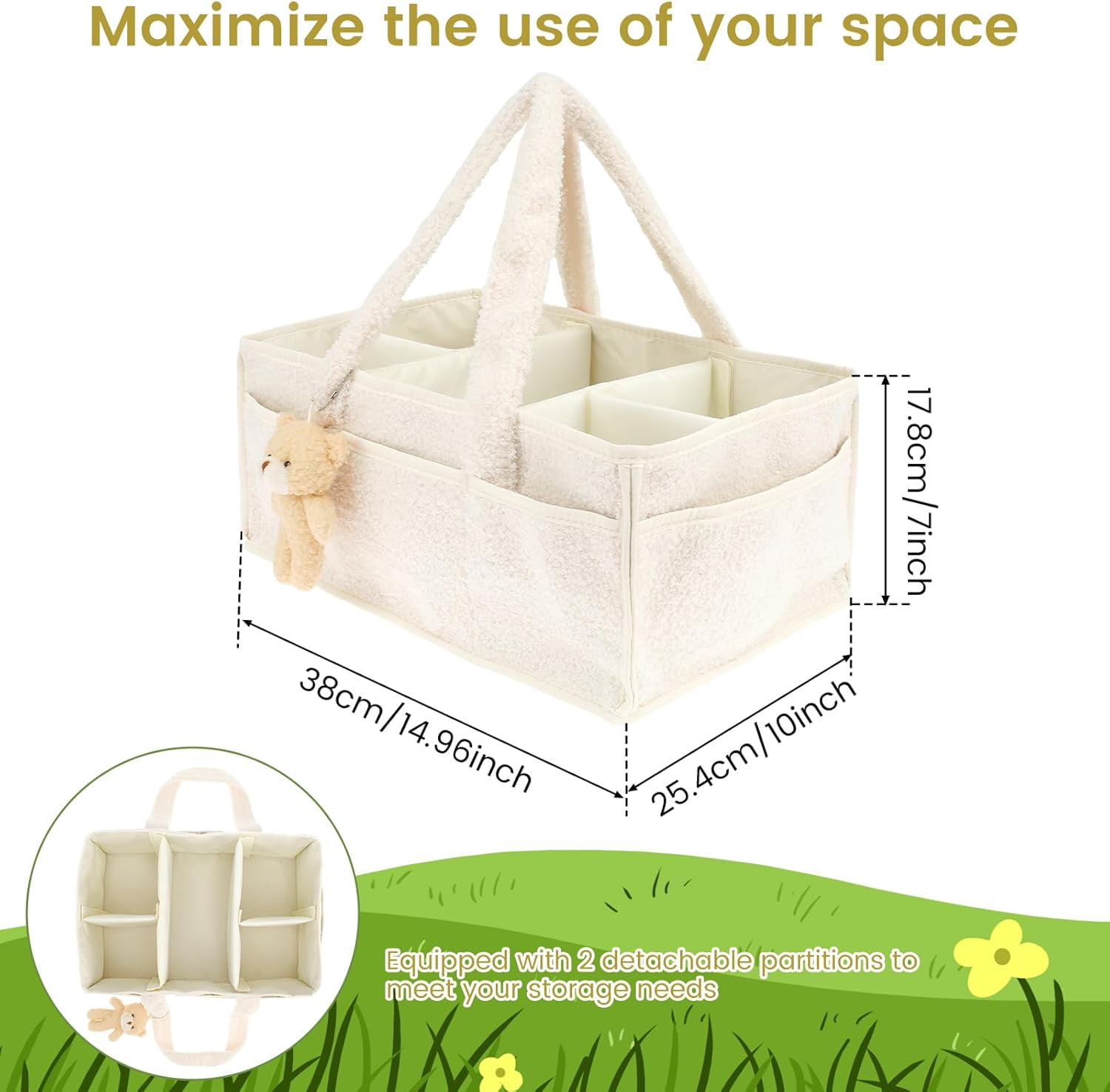 Nappy Caddy Organizer for Baby Changing Table, Portable Diaper Caddy With Removable Dividers/Handle, Newborn Essentials, Nursery Wipes Storage Bag, Gift for Mum, Baby Shower
