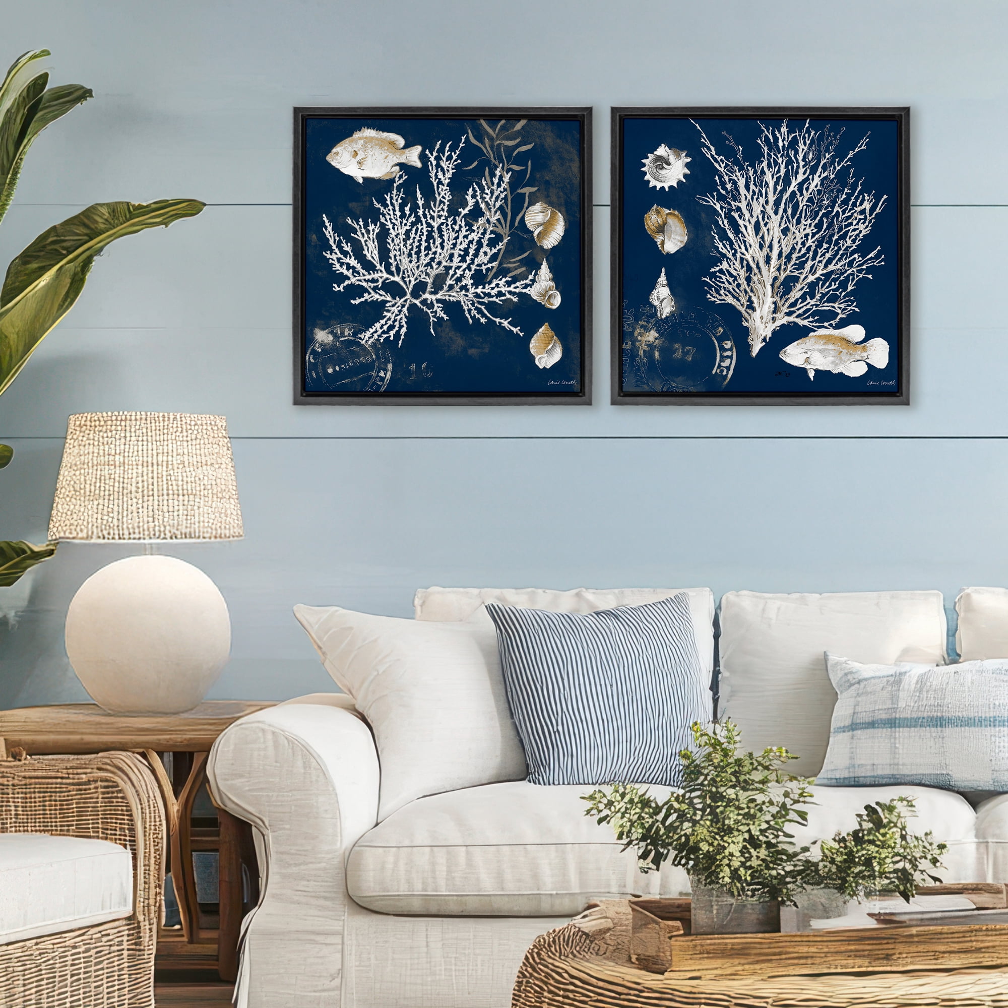 Stupell Industries Navy Coral Medley 2 Piece Black Framed Floater Canvas Set, design by Lanie Loreth