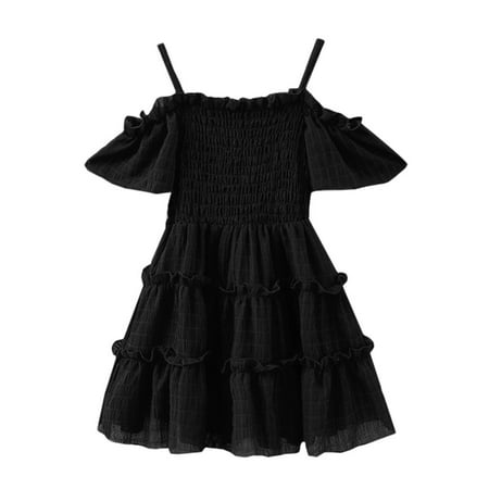 

HTGFGMGW Toddler Girl Dress Kids Baby Children Girls Off Shoulder Strap Ruched Solid Princess Dresses Baby Girl Clothes Black