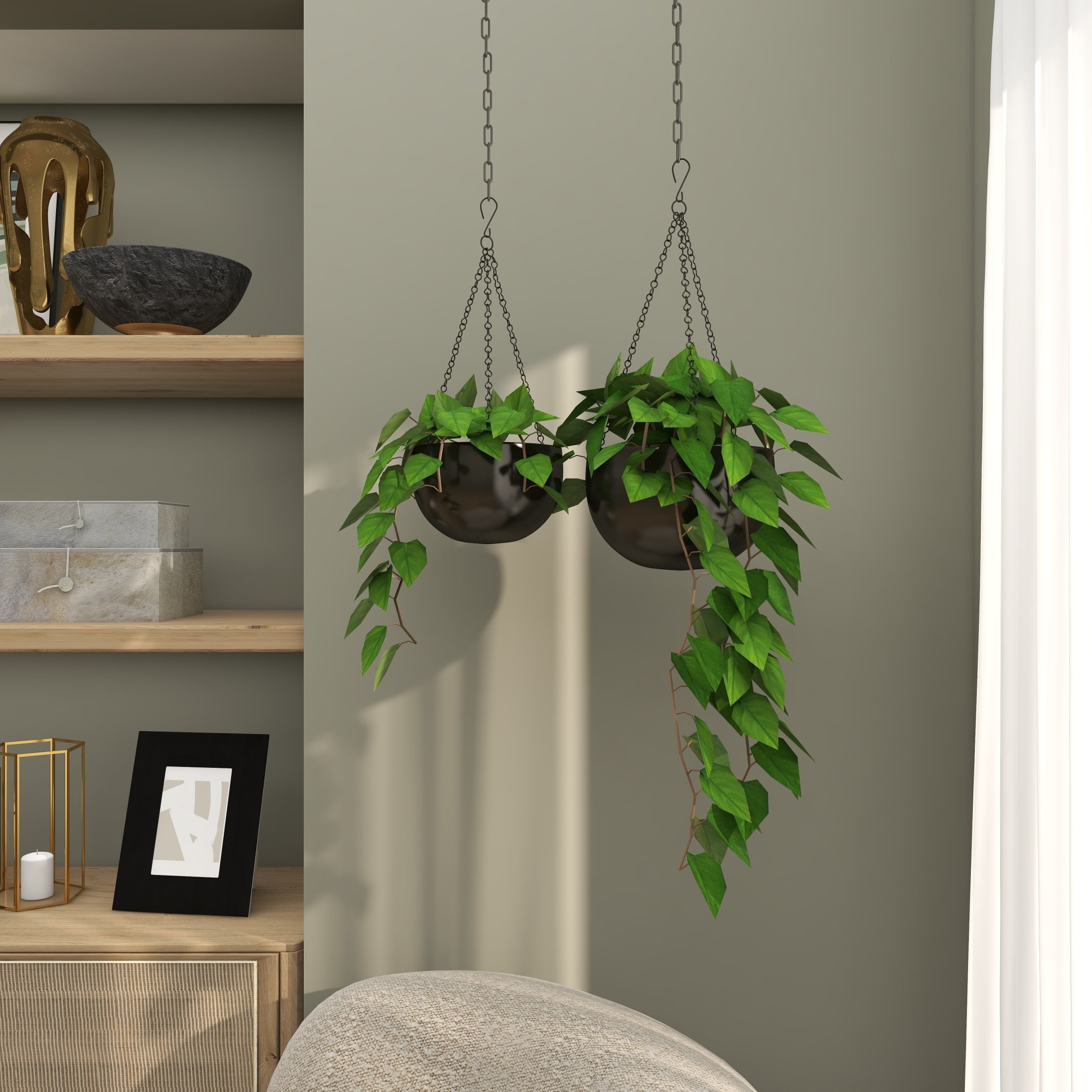DecMode Glam Shiny Black Metal Bowl Shaped Hanging Planters with Three Chains, Set of 2 5",6"H