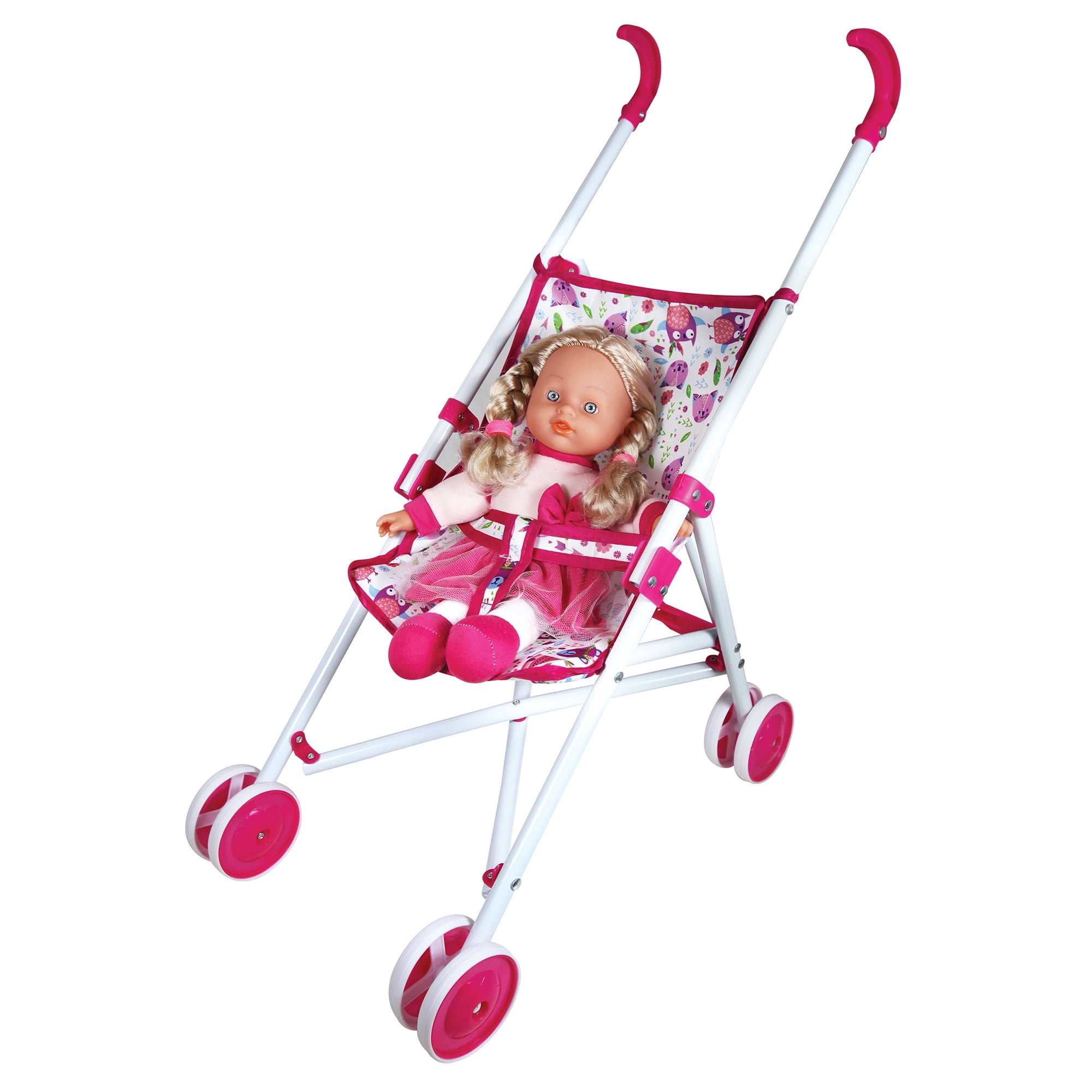 Lissi: 12" Doll Set: Stroller, Bed & Highchair - Blonde Hair - Pink-White-Animal - Feeding-Sleep-Travel Playset, Foldable Design, Kids-Toddlers Age 2+