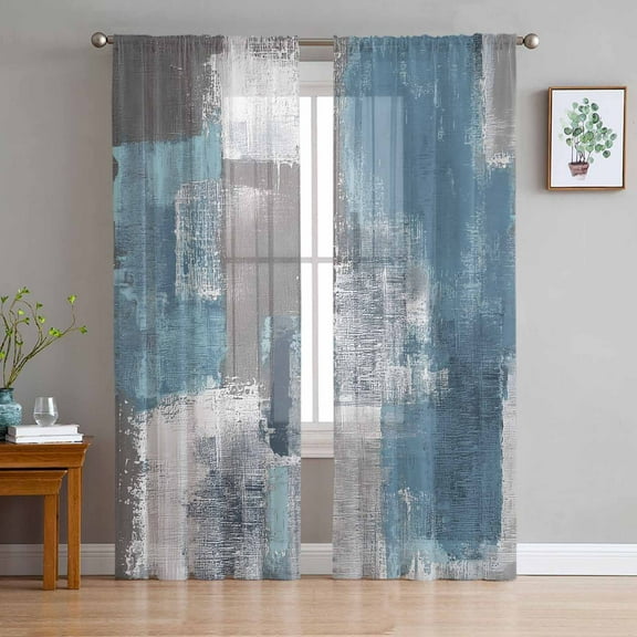 Blue Grey Sheer Curtains 63 Inches Length 2 Panels Set, Window Sheer Curtains for Living Room/Bedroom, Modern Oil Painting Art Abstract Light Filtering Rod Pocket Curtain 52'' x 63'' x 2
