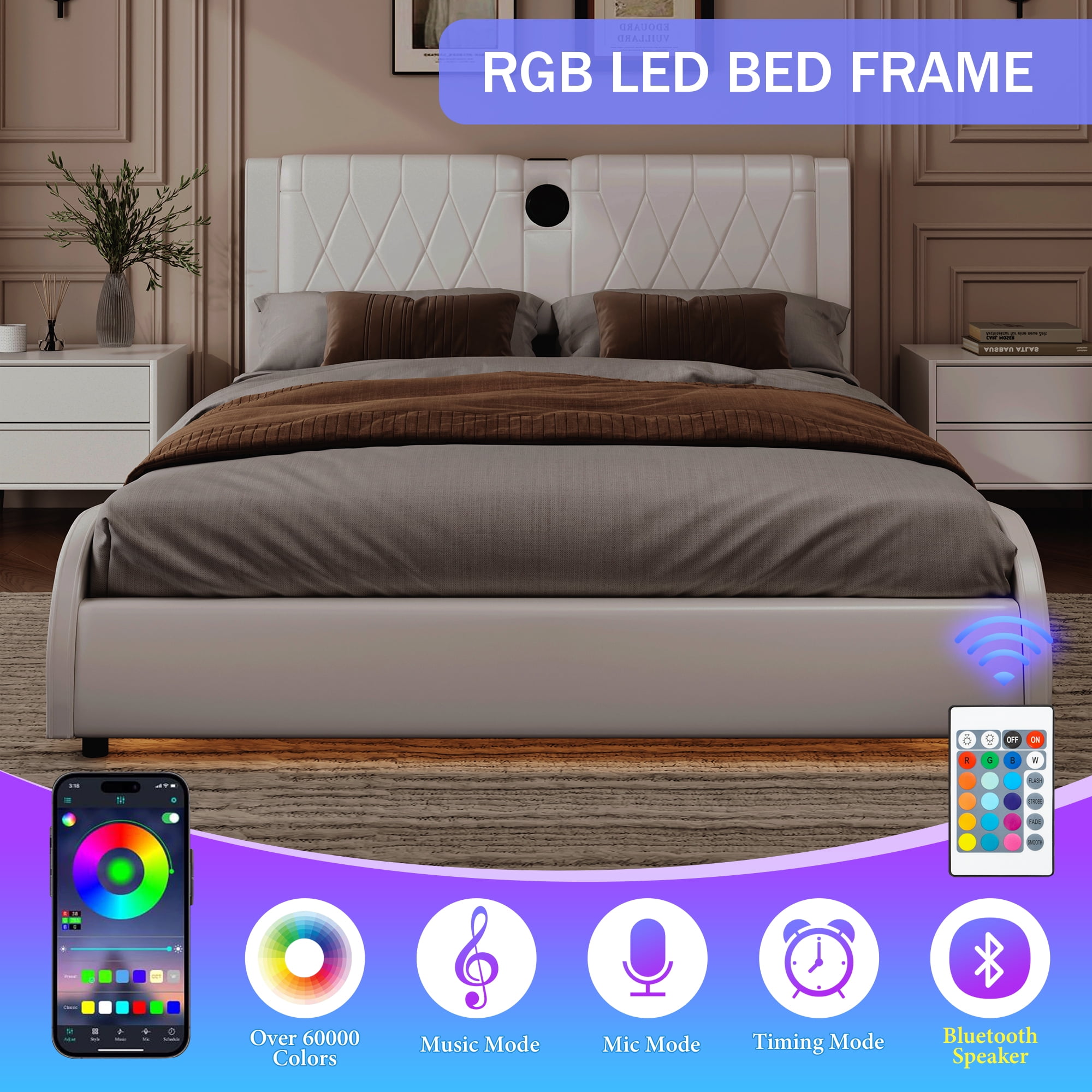 Euroco Faux Leather Upholstered Queen Size Platform Bed with Bluetooth Speakers and RGB LED Light, White