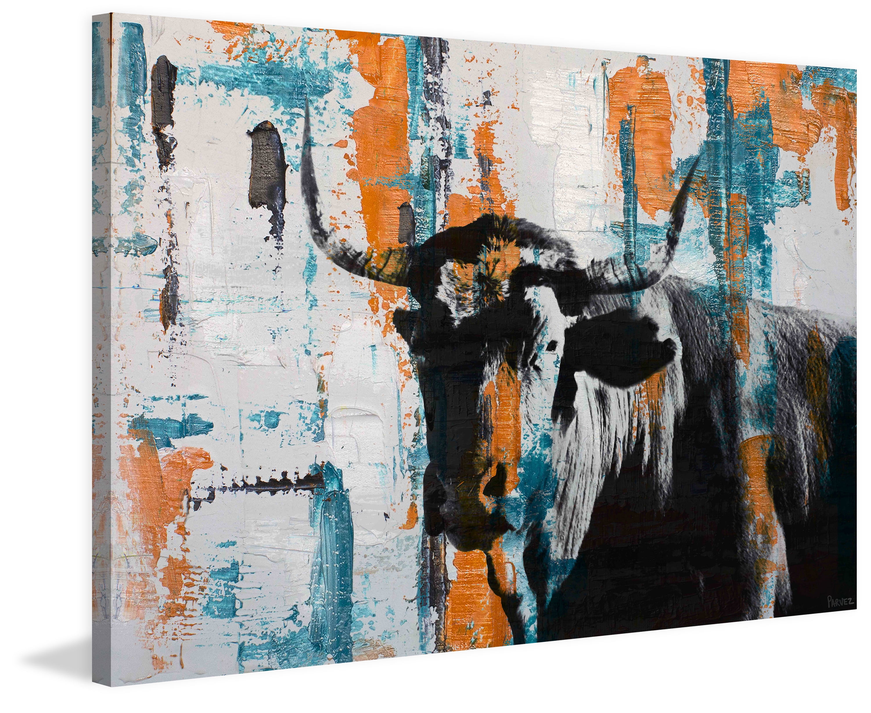 "Orange Teal Steer" Painting Print on Wrapped Canvas