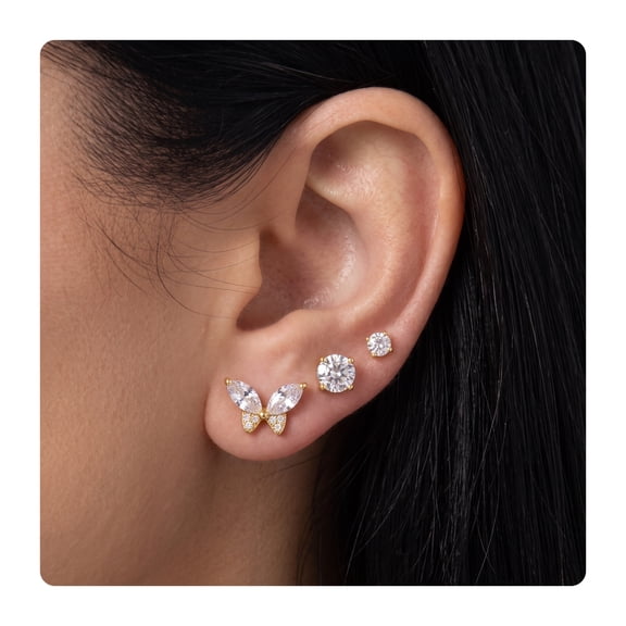 Butterfly Earrings Set for Women, Stud Earrings 3 Stack, Hypoallergenic CZ Studs for Sensitive Ears, Everyday Jewelry Set