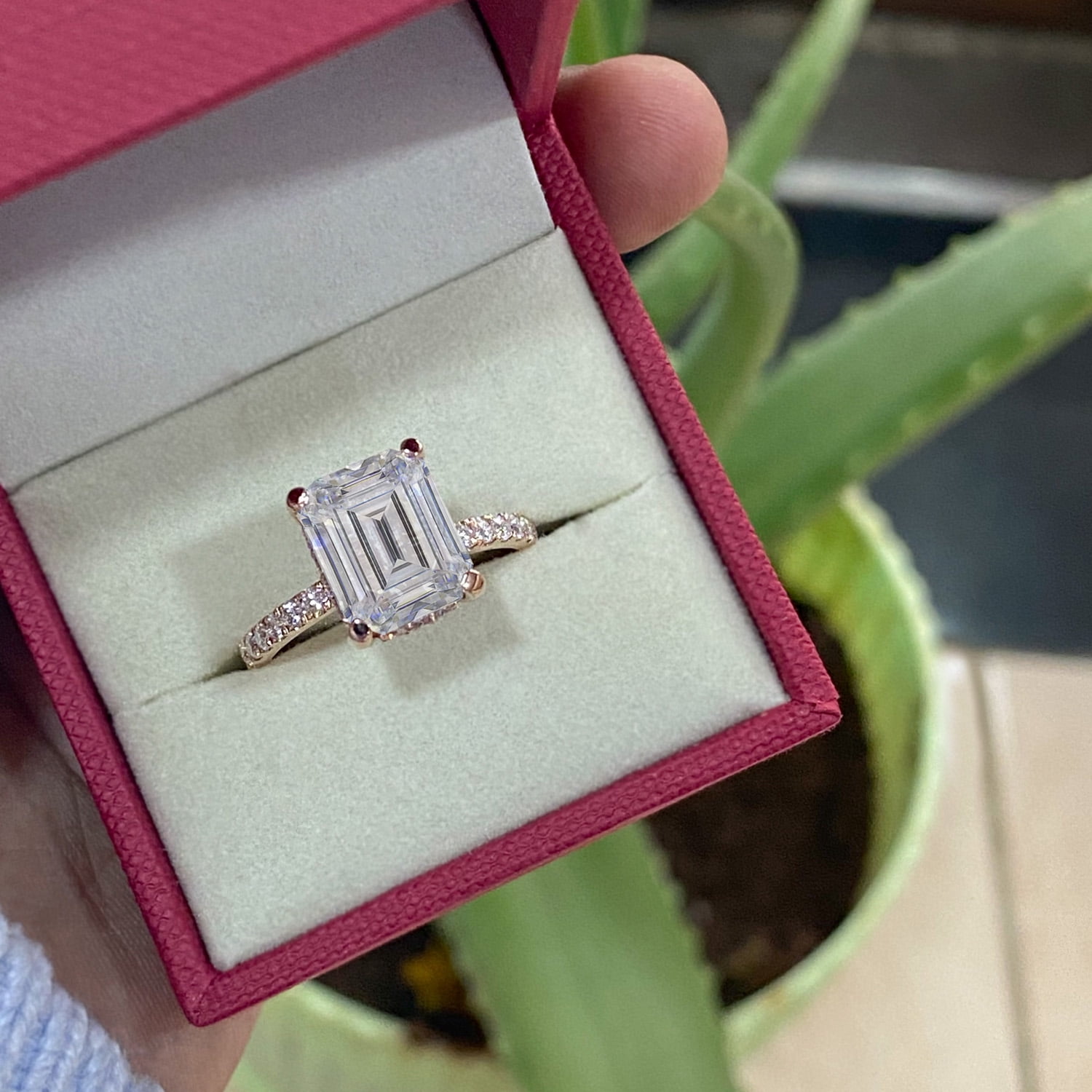 AFFY 3.50CT Center Emerald Moissanite Diamond Engagement Ring for Women 10K Solid Rose Gold-4