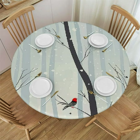 

Patifu Snow Tree Bird Round Table Cover Stain Resistant Washable Indoor Outdoor Tablecloth Kitchen Dining Wedding Parties 100% Polyester Waterproof Fabric Tablecloth 54 -58