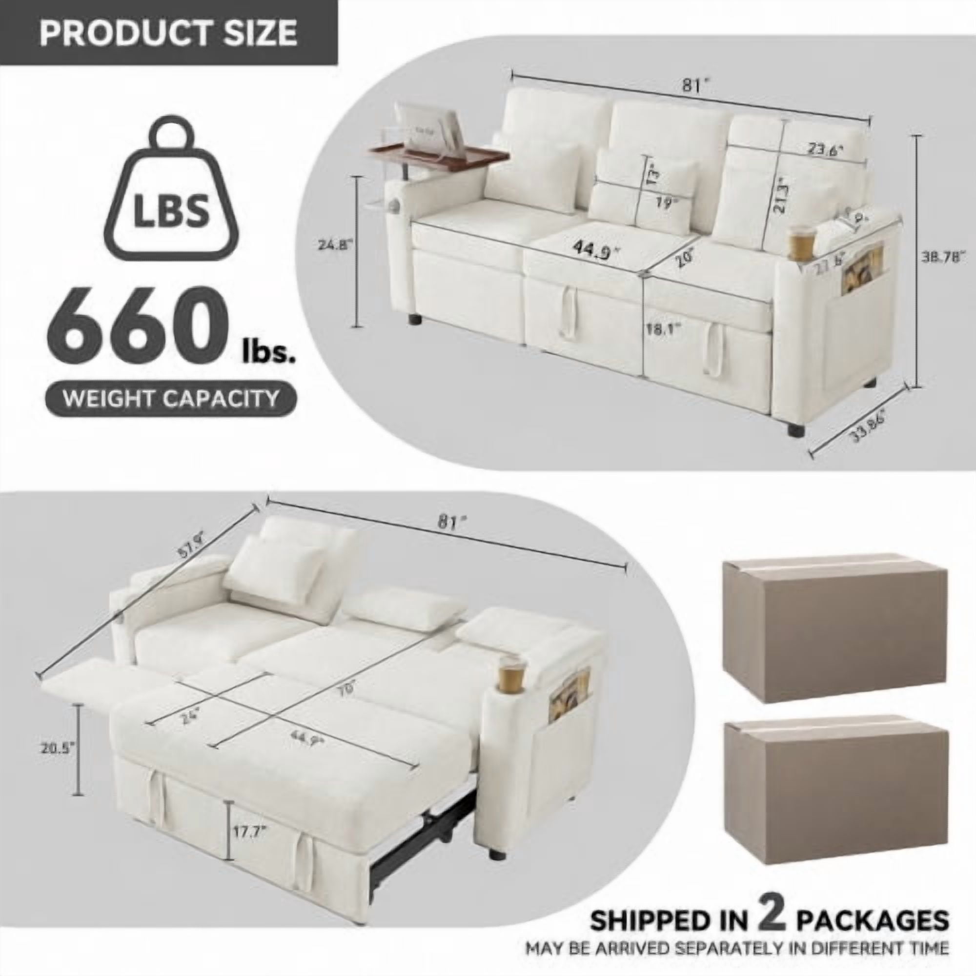 TiramisuBest 81" 3-in-1 Convertible Sleeper Sofa Bed with Power Recliner,Chenille Sofa Couch with Tray Table & USB for Living Room,Off White
