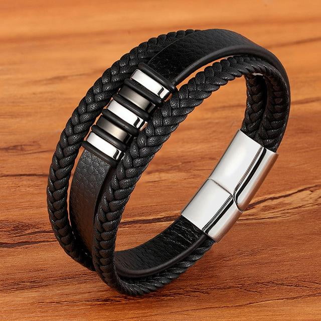 Leather Bracelet Stitching Stainless Steel Magnetic Clasp Hand-woven Charm Men 