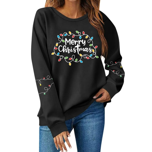 Women Tops Women's Long Sleeve Sweatshirt Casual Crewneck Loose Fit Pullover Fleece Tops, Christmas Print Design, Comfortable and Warm Apparel,White,M