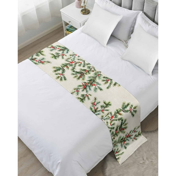 Christmas Bed Runner for King Size Bed, Xmas Botanical Pine Needle Berry Rustic Bedspread Protector Slipcover Bed Scarf for Foot Bed Runners & Scarves for Bedroom Hotel Wedding Room 102x20 Inches