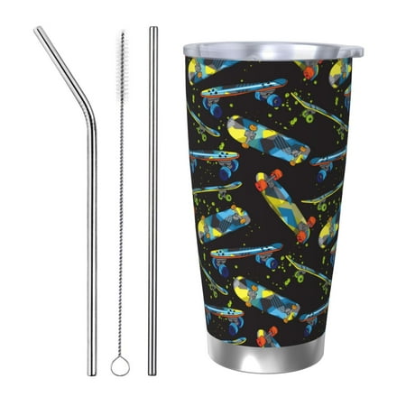 

Zeuib Colorful Skateboard Printed 20oz Stainless Steel Insulated Car Cup Stainless Steel Thermal Cup Vacuum Insulated Leak-proof Travel Mug Cup-Straw Three-piece Set