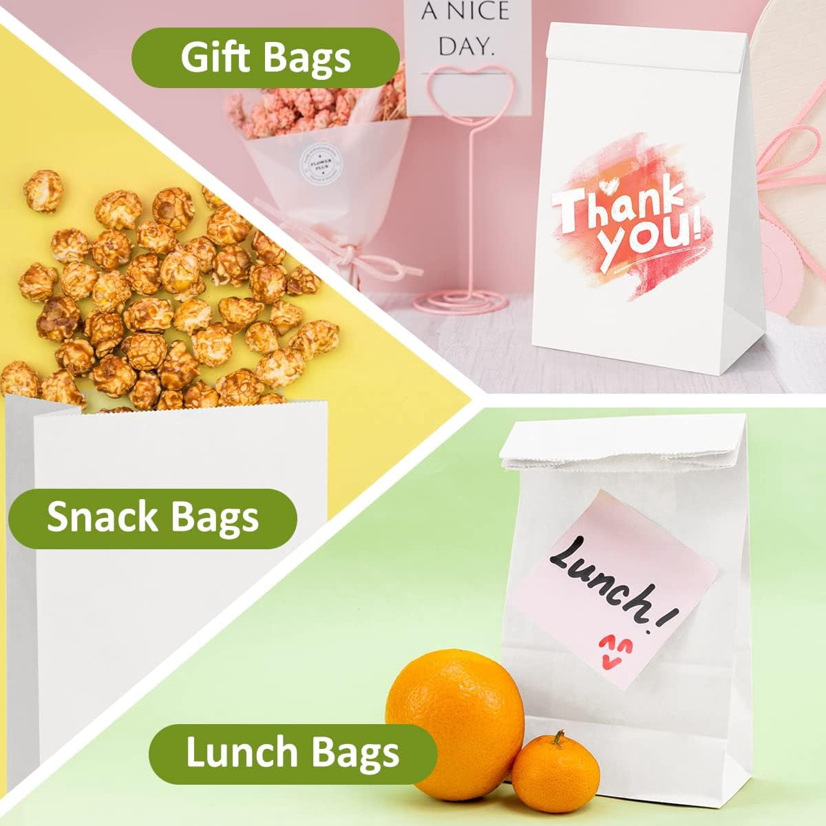 100 Pcs Kraft Treat Bags,3.5 x 2.1 x 7in White Paper Bags,Snack Lunch Bags,Gift Packaging Pouches,Mini Size Snack Bags,Perfect for Snacks, Popcorns or Party Favor By HXRH