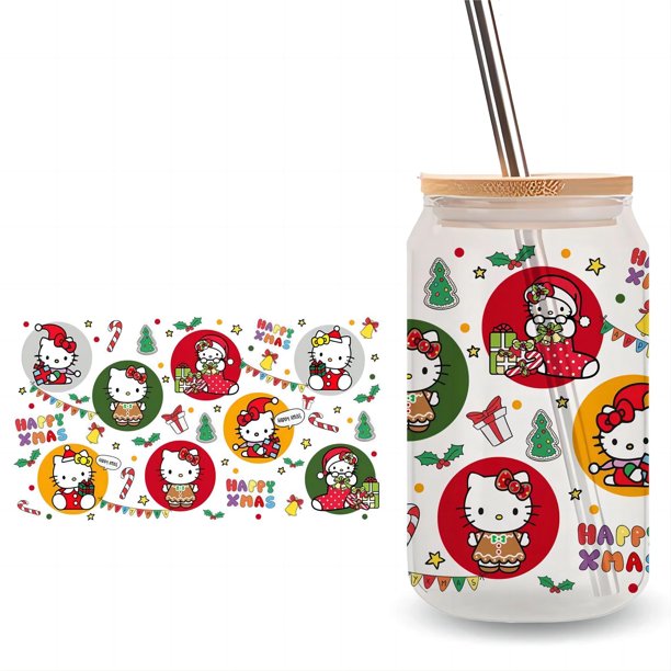 Fabricación, gran oferta, transferencias de envoltura de taza UV DTF de Navidad, transferencias UV DTF personalizadas para envolturas de tazas para Libbey Hello Kitty