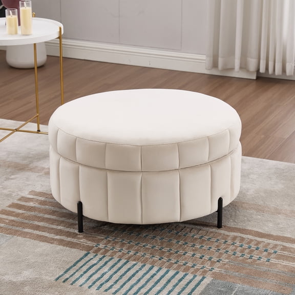 Eyisean 31.5" Velvet Upholstered Round Ottoman, Modern Storage Stool with Reversible Lid & Adjustable Metal Legs, Channel Tufted Pumpkin-Shape Footstool, Coffee Table for Living Room,Bedroom