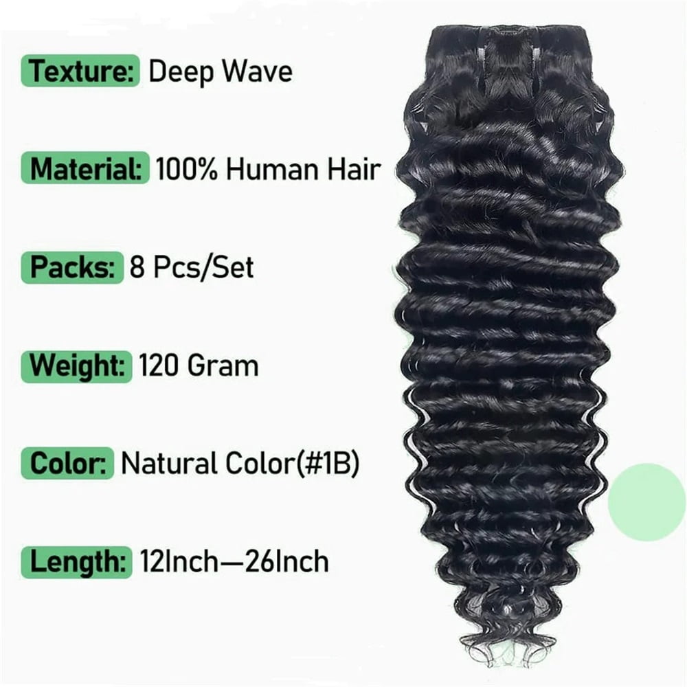Brazilian Curly Clip In Hair Extensions 8pcs Deep Wave Human Hair Extensions 1B 120g