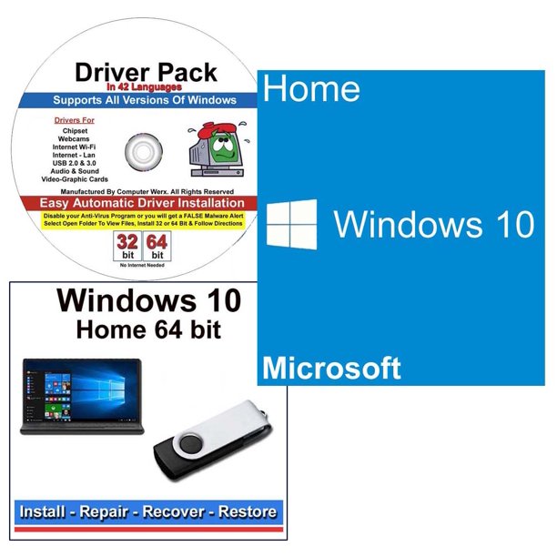 Microsoft Windows 10 Home & Repair restore & Recover USB Flash Drive & Drivers Pack, 3PK
