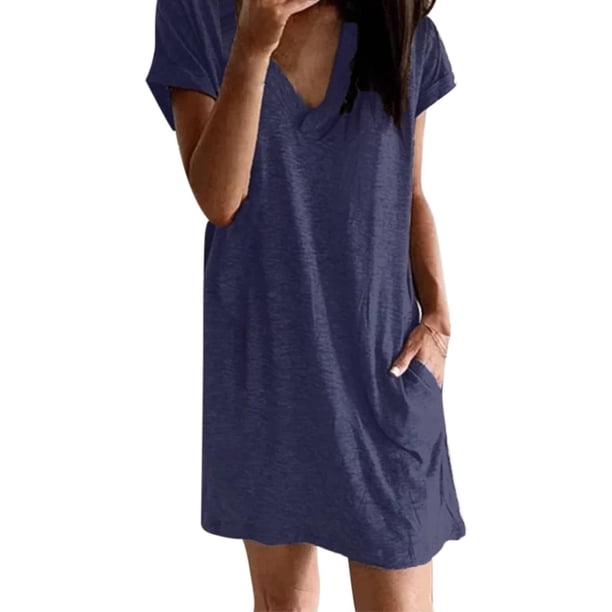 Gibobby Vestido casual de punto para mujer Mini vestido informal de manga corta con escote en V y bolsillo con cinturón suelto para mujer de verano(Azul,M)