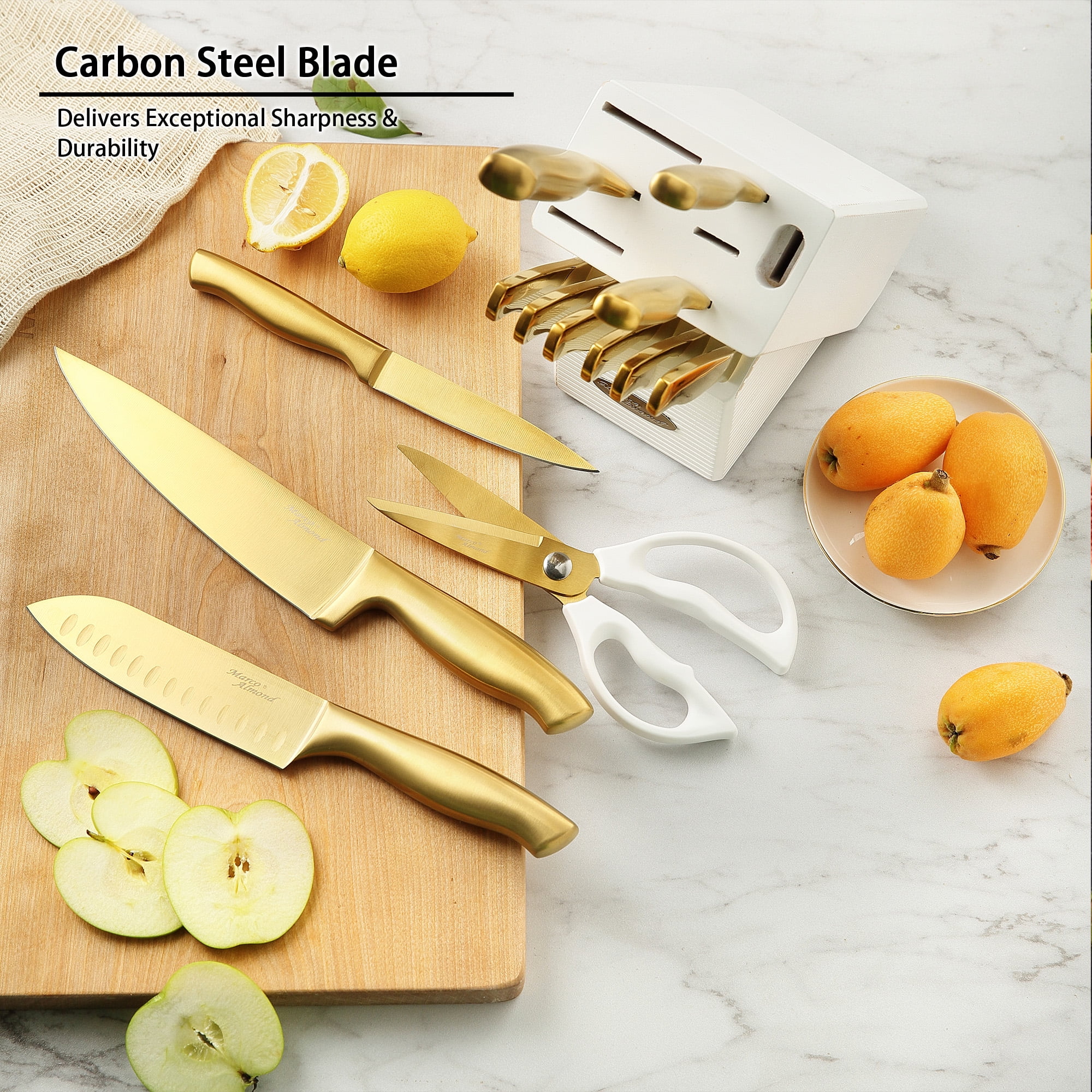Marco Almond MA21 14-Piece Knife Set with Block Golden Kitchen Knife Block Set Stainless Steel