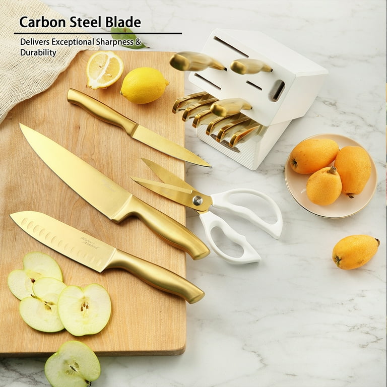 Marco Almond 14-Piece Golden Titanium Kitchen Knife Set with Block