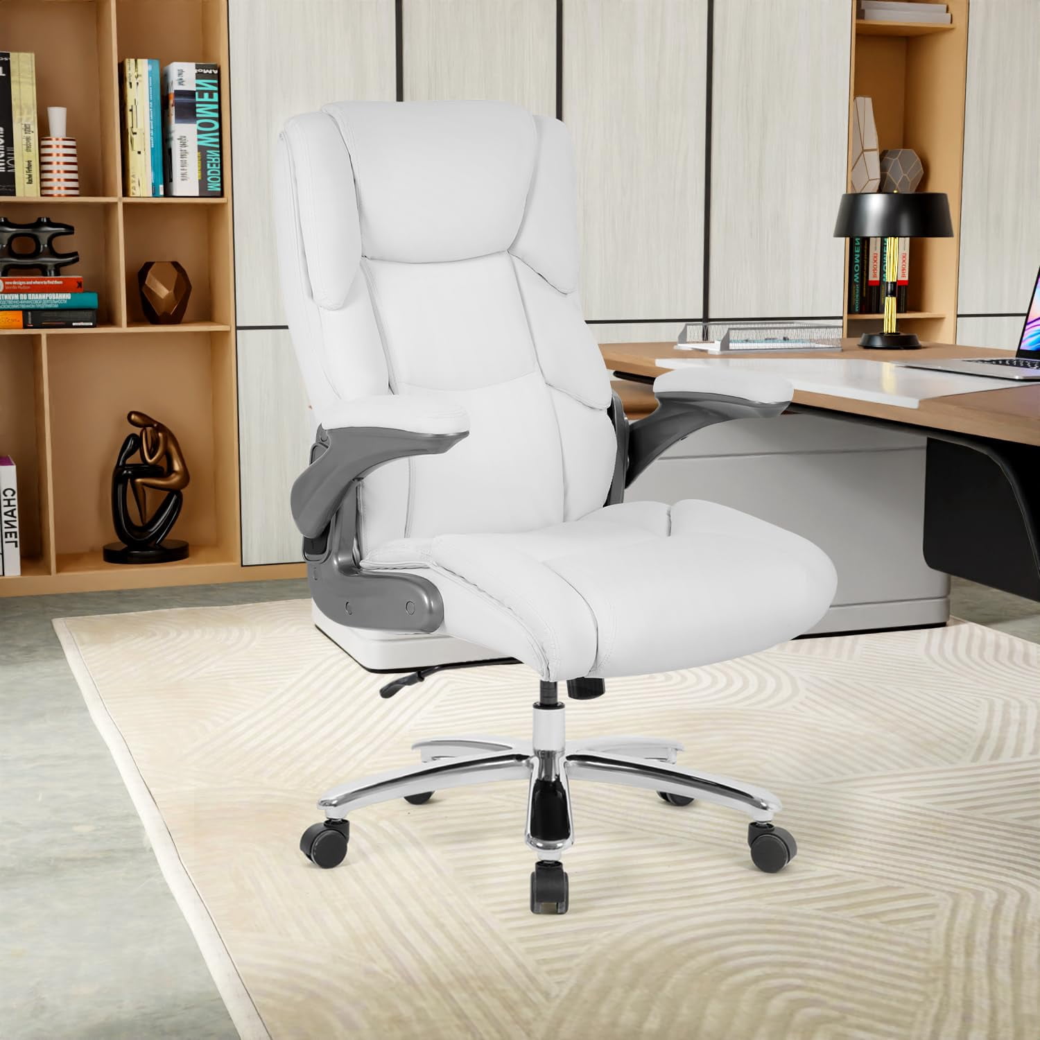400lbs Big and Tall Office Chair  Ergonomic Desk Chair PU Leather Computer  Chair Adjustable High Back Rolling Chair with Lumbar Support for Adults, White