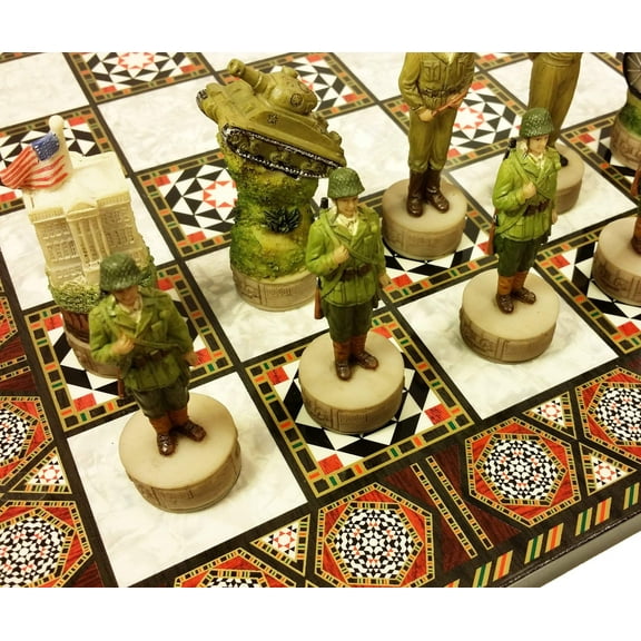 WW2 US vs GERMANY CHESS SET W/ 17" Mosaic Color Board World War 2