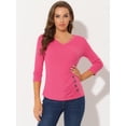 thumbnail image 3 of INSPIRE CHIC Women's V Neck 3/4 Sleeves Solid Knitted Buttons Decor Ruched Top Small Hot Pink, 3 of 5