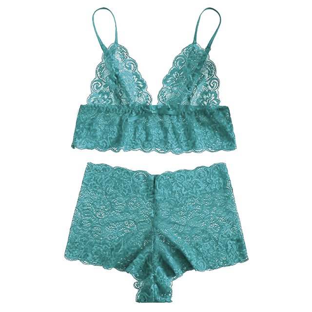 camisola de encaje para mujer con conjunto de pijama de lencería corta ropa interior de 2 piezas ropa de dormir fridja nalpqowj10774 Conjunto verde de encaje: top corto con tirantes finos y escote en V, banda elástica bajo el busto y borde con volante; shorts de encaje a juego con cintura elástica. Material visible: poliéster; fondo blanco, vista frontal centrada. También suele usarse como conjunto íntimo para noches románticas.