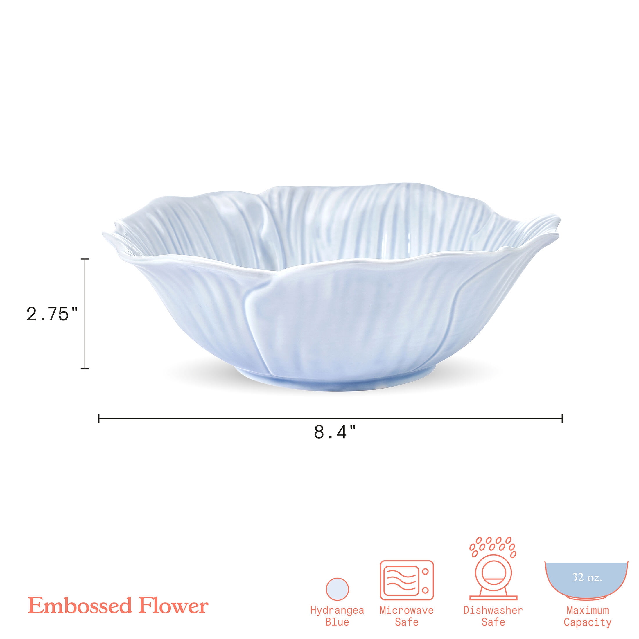 Beautiful by Drew Barrymore Embossed Flower Stoneware 31.5 fl oz Pasta Bowl Set, 4 Piece, Blue