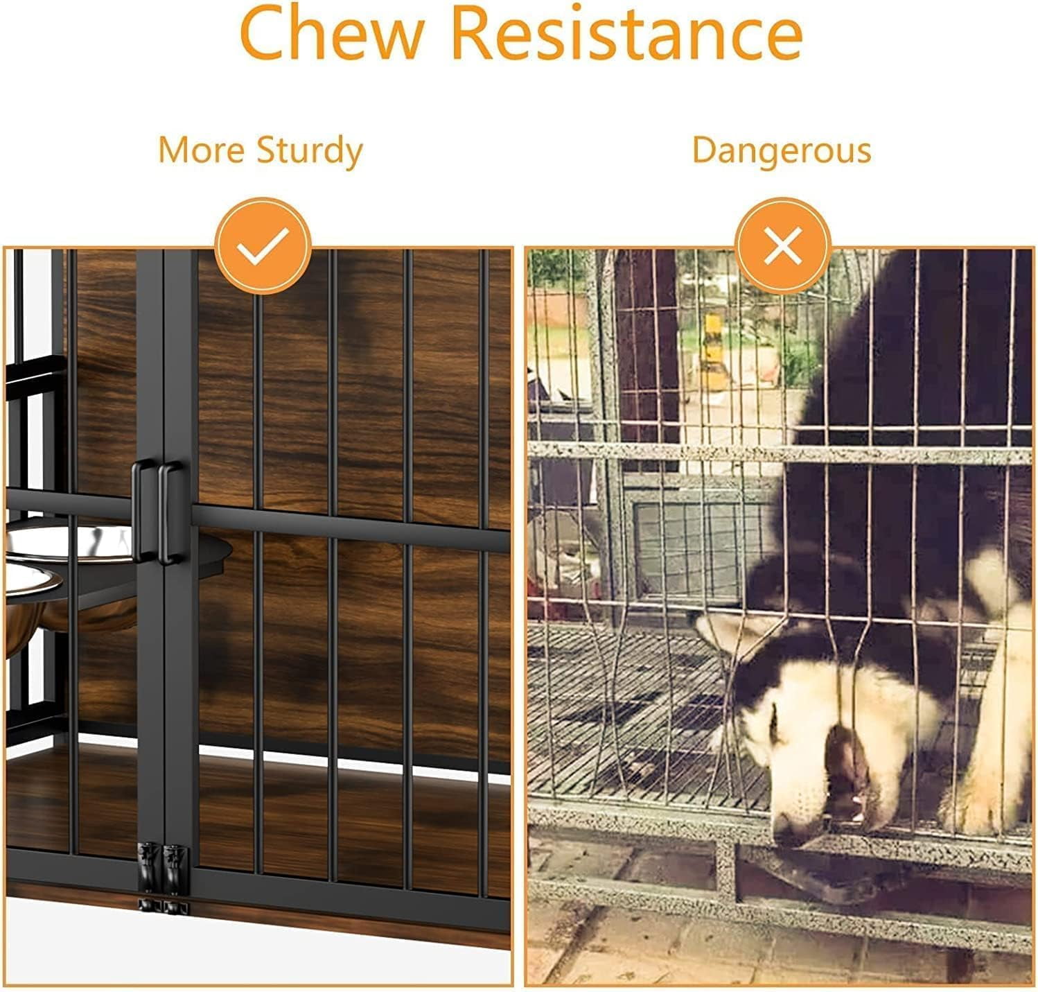 Wooden Dog Crate Furniture for Large Dogs, 41" Super Sturdy Indoor Dog Kennel with Adjustable Feeder & Extra Storage, Heavy Steel Tube Structure for Large Dogs