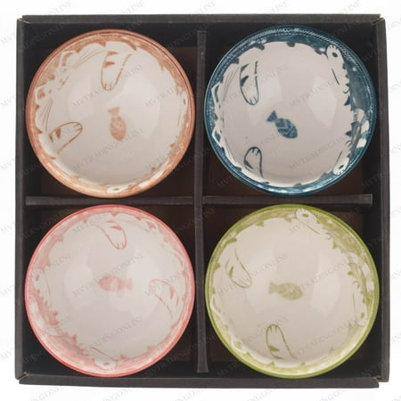 M.V. Trading NS2016 Japanese Soup Rice Bowl with Cat and Bunny Design, 8-Ounces, 4½-Inches, Set of 4