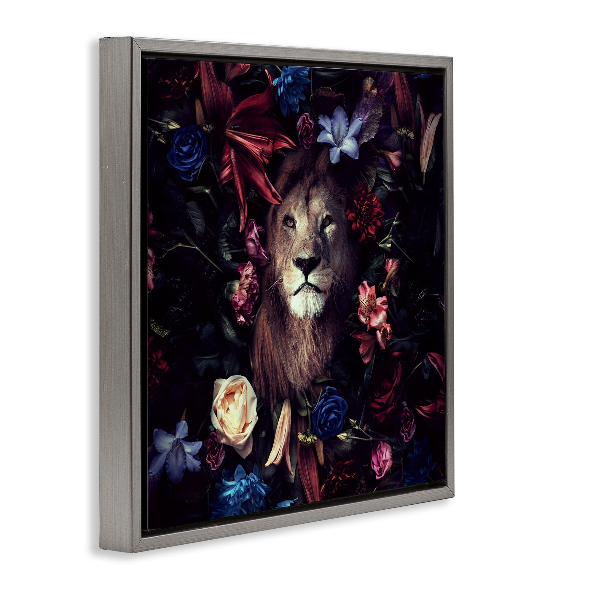 Stupell Industries Lion & Dark Blooms Animals Painting Gray Floater Framed Canvas Art Print Wall Art, 25 x 25