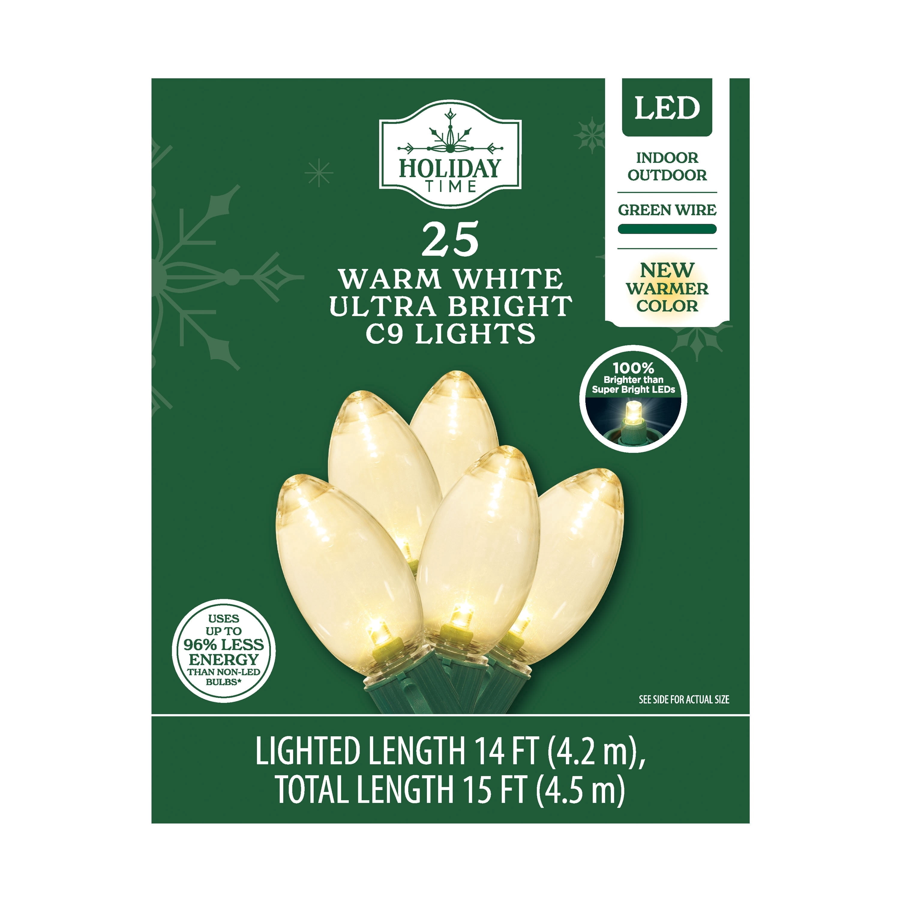Indoor/Outdoor 25-Count LED Ultra Bright C9 Christmas String Lights, Warm White, Green Wire, 14', by Holiday Time