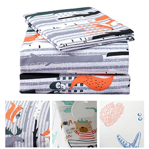 JSD Ensemble de Draps Imprimés pour Enfants, Lit Simple, Mignons Animaux de la Forêt Fox Draps de Lit en Microfibre Douce pour Garçons Filles, 3 Pcs
