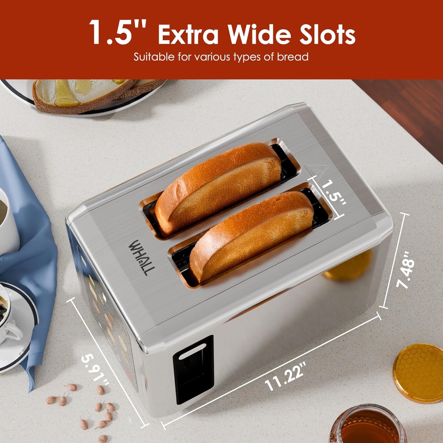 WHALL Touch Screen Toaster 2 Slice, 1.5'' Extra Wide Slot Stainless Steel Toaster with Digital Timer, 6 Bread Types & 6 Shade Settings, Crumb Tray, Reheat/Defrost, Smart Toasters for Breads