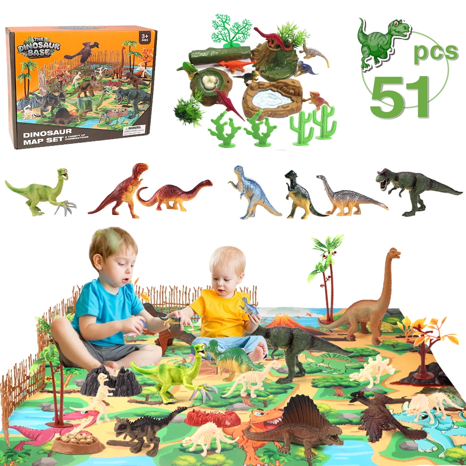 Zacro Dinosaur Toys Play Set, 51pcs Dinosaur Toys for Boys & Girls with Play Mat, Dinosaur Figures, Trees, Rocks, Fossil, Great Dinosaur Toy Gift for Toddlers Kids Age 3 4 5 6 Years Old & Up
