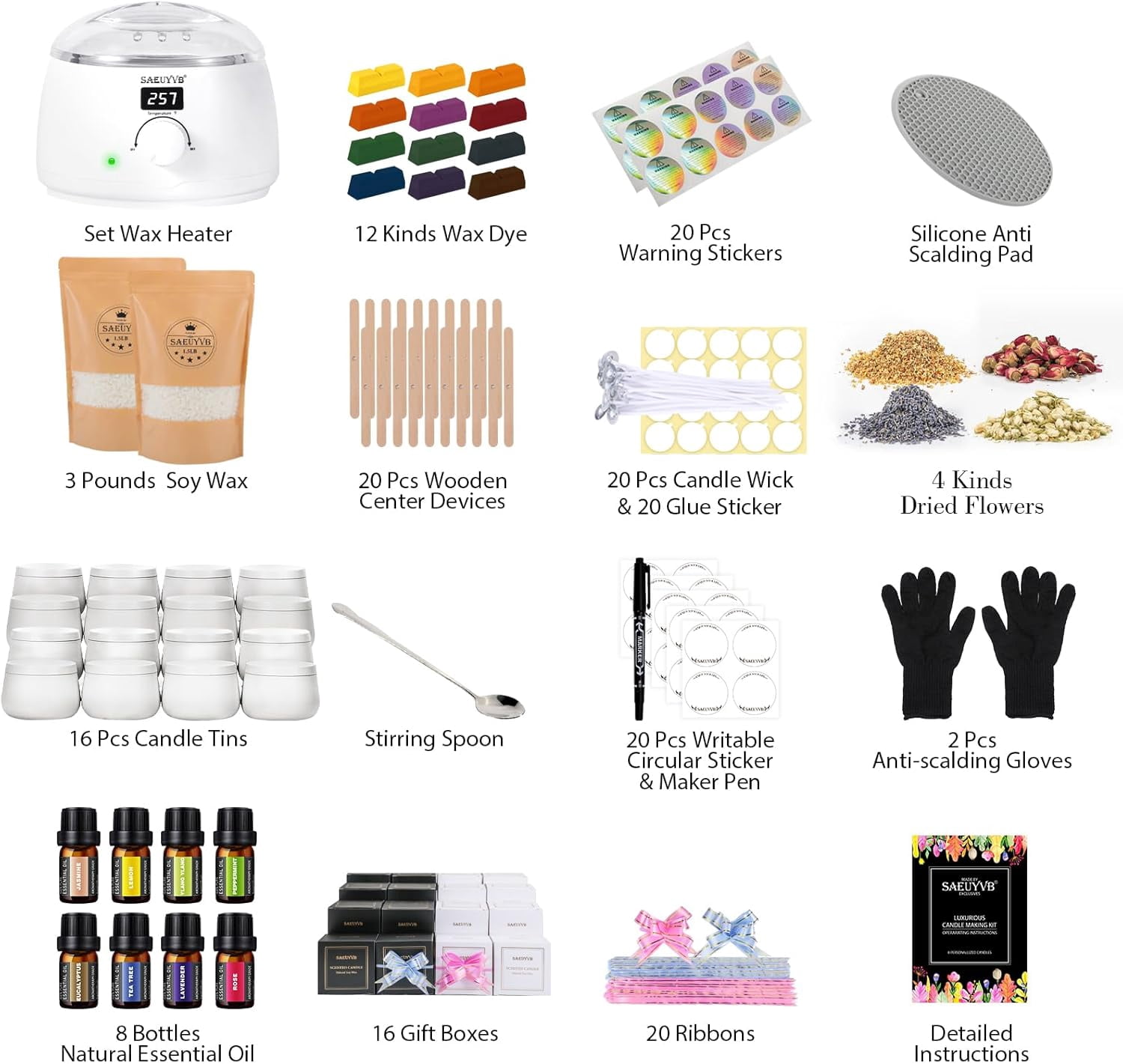 Complete Candle Making Kit Kit for Adults with Hot Plate DIY Starter Supplies/Kit - Perfect as Home Decorations（White）