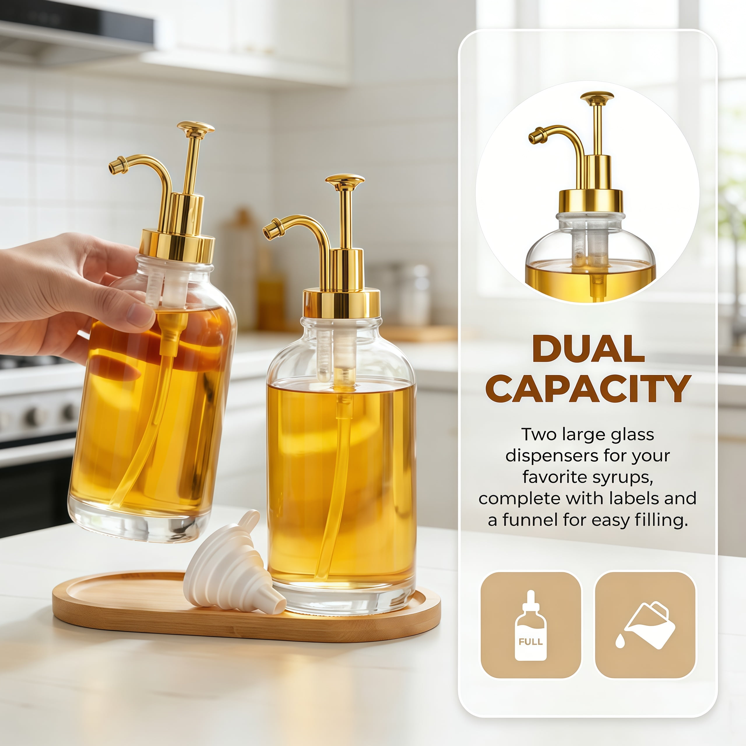 Coffee Bar Accessories, Coffee Syrup Dispenser - 2pack, Bring a Tray16.9oz Syrup Dispenser with Labels,Syrup Pump Dispenser for Coffee Bar(Gold pump)