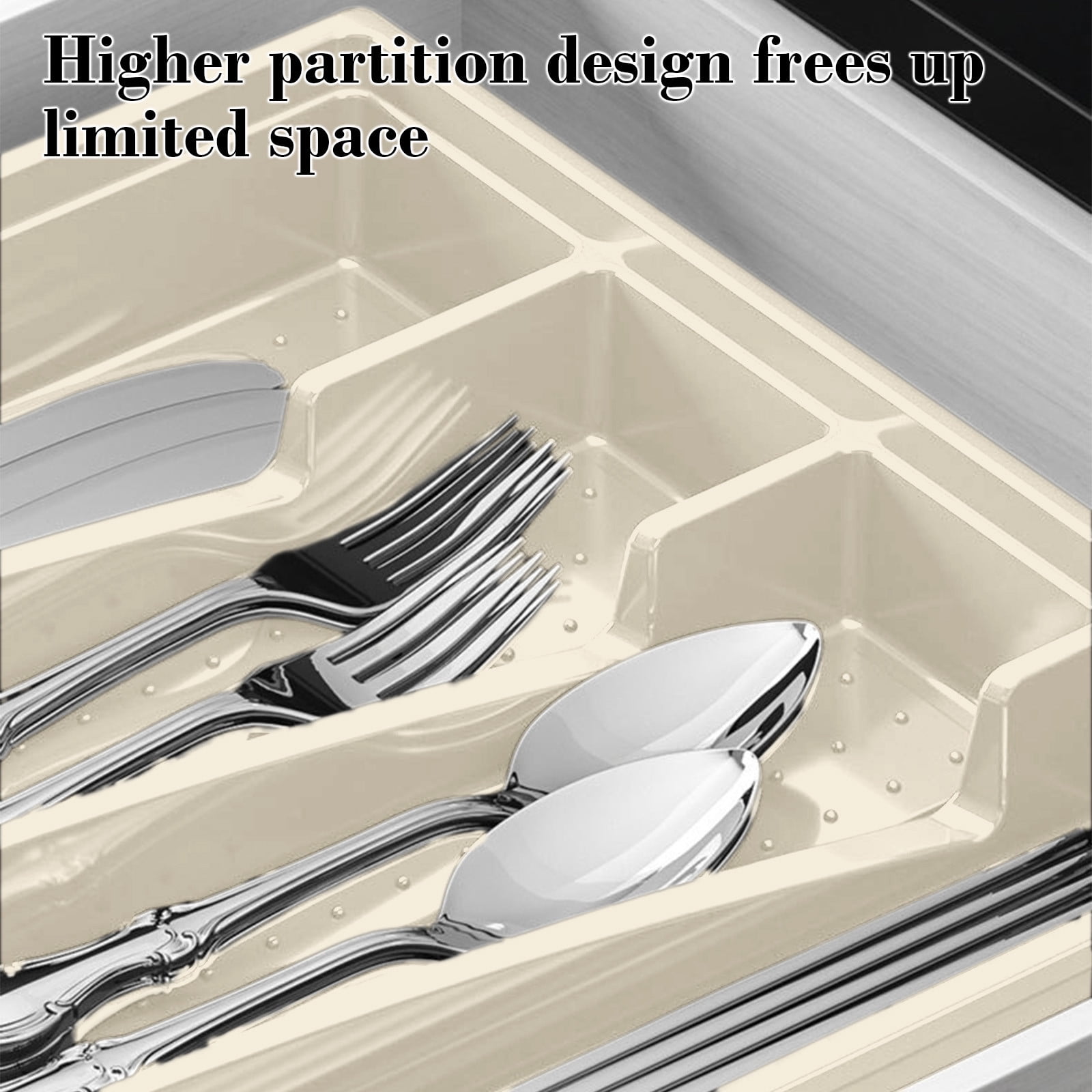 Weloille Silverware Drawer Organizer, Expandable Utensil Tray for Kitchen, Flatware and Cutlery Holder, Adjustable Plastic Storage for Spoons Forks Knives, Large, Beige