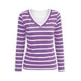 thumbnail image 5 of hoksml Women Contrast Trim V Neck Long Sleeve Striped T-Shirt Slim Stretch Casual Top for Office Daily All Season, 5 of 5