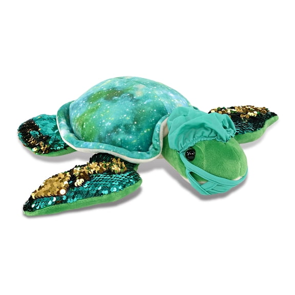 DolliBu Sea Turtle Doctor Plush Toy -  Space Sequin Sea Turtle Doctor Stuffed Animal Dress Up with Cute Scrub Uniform and Cap Outfit - Fluffy Doctor Toy Plush Gift - 16.5 Inches