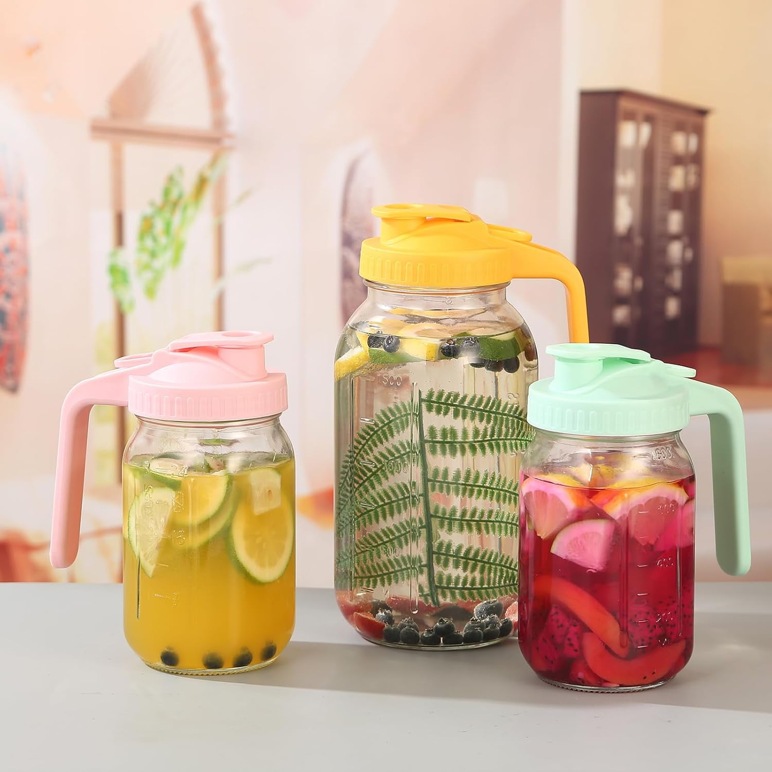 SUMMIT Glass Pitcher with Lid, 64 OZ Mason Jar Pitcher Double Leak Proof, 2 Quart Breast Milk Storage Containers for Fridge, Wide Mouth Glass Jar for Sun Tea, Juice, Cold Brew Coffee