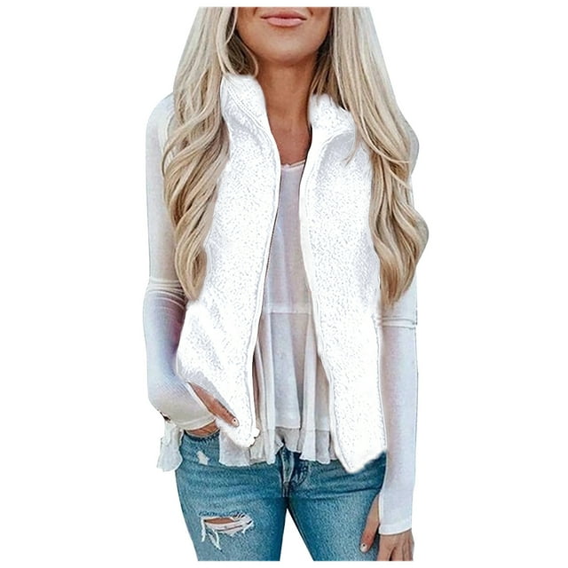 Heliisoer Pocket Women Zipper Solid Color Jacket Plush Sleeveless Lapel Vest Loose