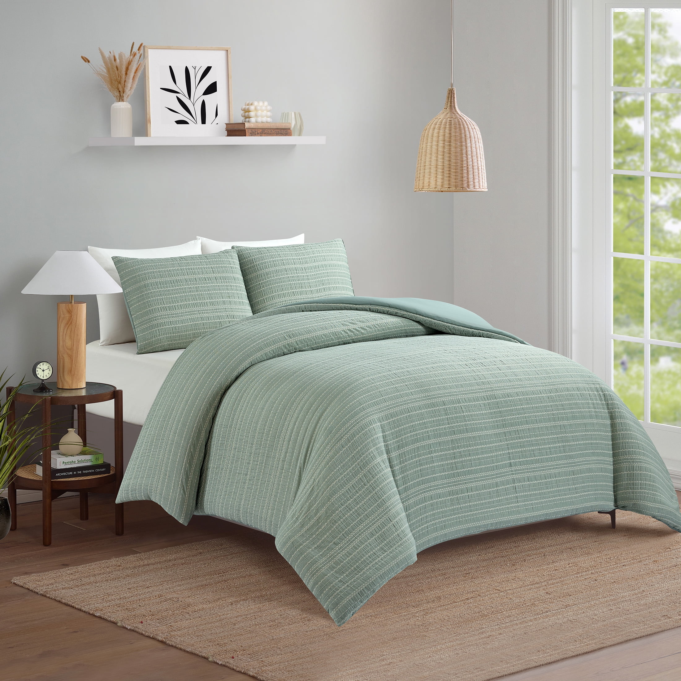 Better Homes & Gardens Full/Queen Comforter Set, All-Season, 3-Piece, Green Stripe