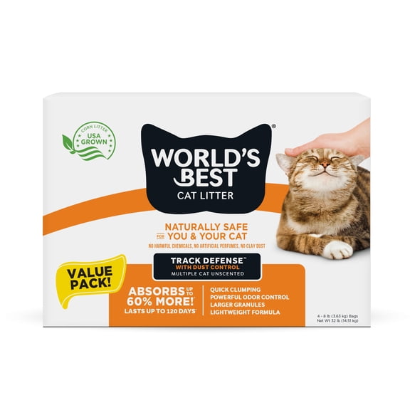 World's Best Cat Litter® Track Defense™ Unscented, Low Tracking, Dust Control, Made from Corn, Quick Clumping, Flushable, 99% Dust Free, Long-Lasting Odor Control & Easy Scooping, 32 Pound Multi Pack